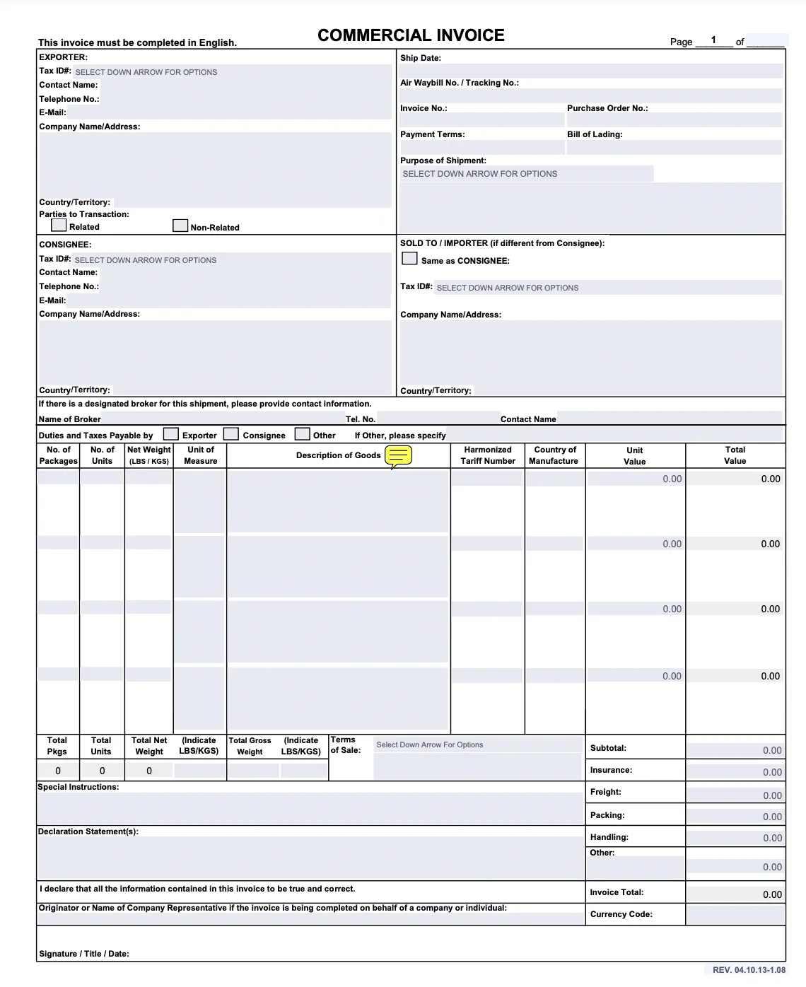 Commercial invoice example for the customs clearance
process.